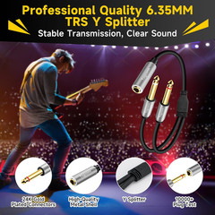 1/4 Inch TRS Stereo Splitter Y Adapter, 6.35Mm Stereo Female to Dual 6.35 Mm TS