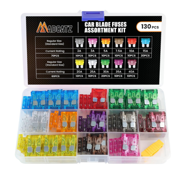 130 Pcs MADCATZ Standard Car Fuse, Blade Fuses Assortment kit (2A/3A/5A/7.5A/10A