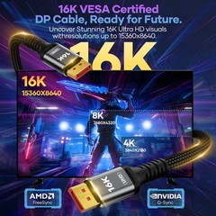 80Gbps DisplayPort Cable 2.1, VESA Certified DP 2.1 16K-3.3feet, Black