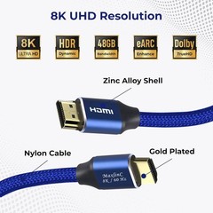 High Speed 8K/60HZ 2.1V HDMI Cable 3Ft Blue 48Gbps 28AWG Support 3D NEW