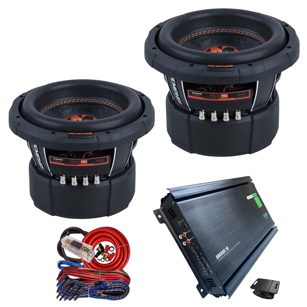 2x Memphis Audio MOJO Pro MJP844 3000W Subwoofers + Audio360 6000W Car Amp + Kit