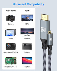 Micro HDMI to HDMI Cable 6FT 4K@60Hz 2K@165Hz Nylon Braided HDR ARC 3D for Pi/PC
