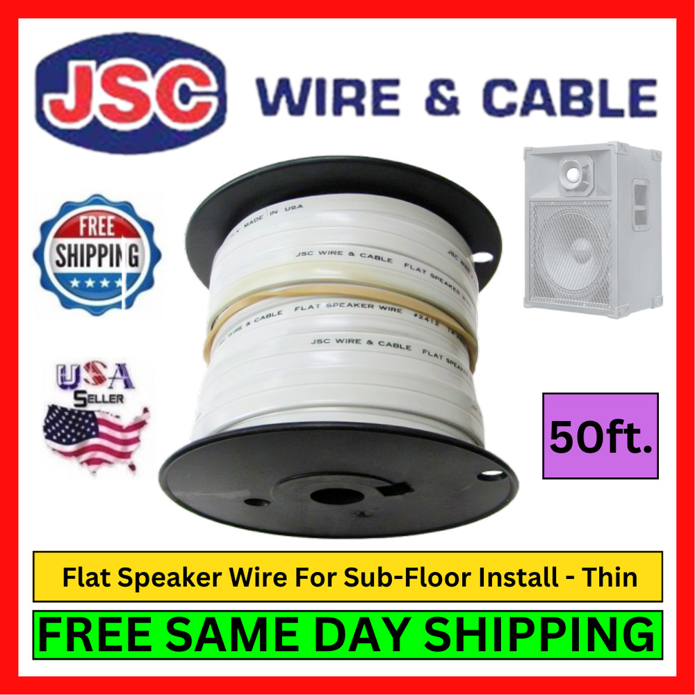 14 AWG Flat Speaker Wire 50ft Pure Copper PVC 2 Conductor Audio Cable USA Made