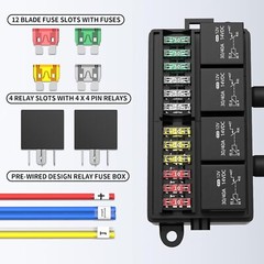 12V Fuse Relay Box 4 Relays and 12 Way ATC/ATO Fuses for Auto Car Marine Boat