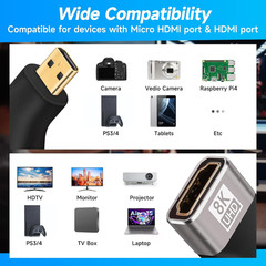 8K Micro HDMI to HDMI Adapter (2 Pack), HDMI Female to Micro HDMI Male HDMI 2.1