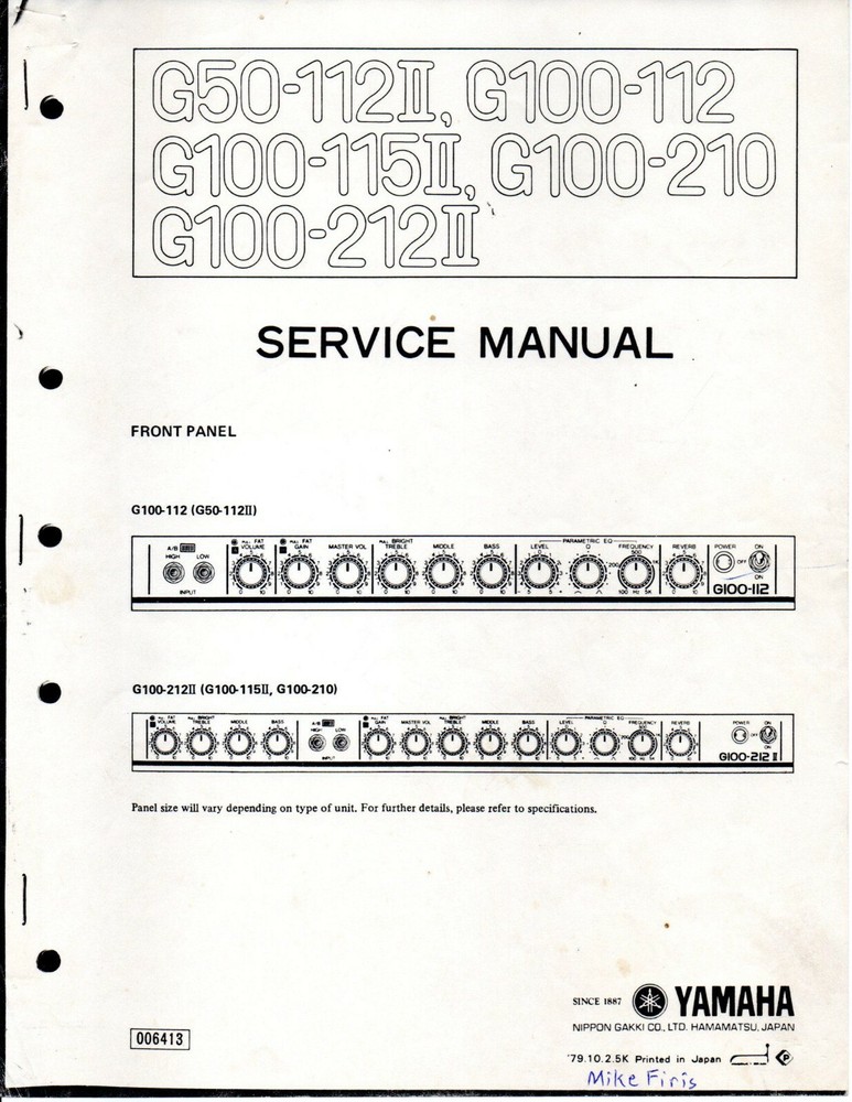 Service Manual Guide For Yamaha G50-112 MK2, G100-112, G100-115 MK2, G100-210
