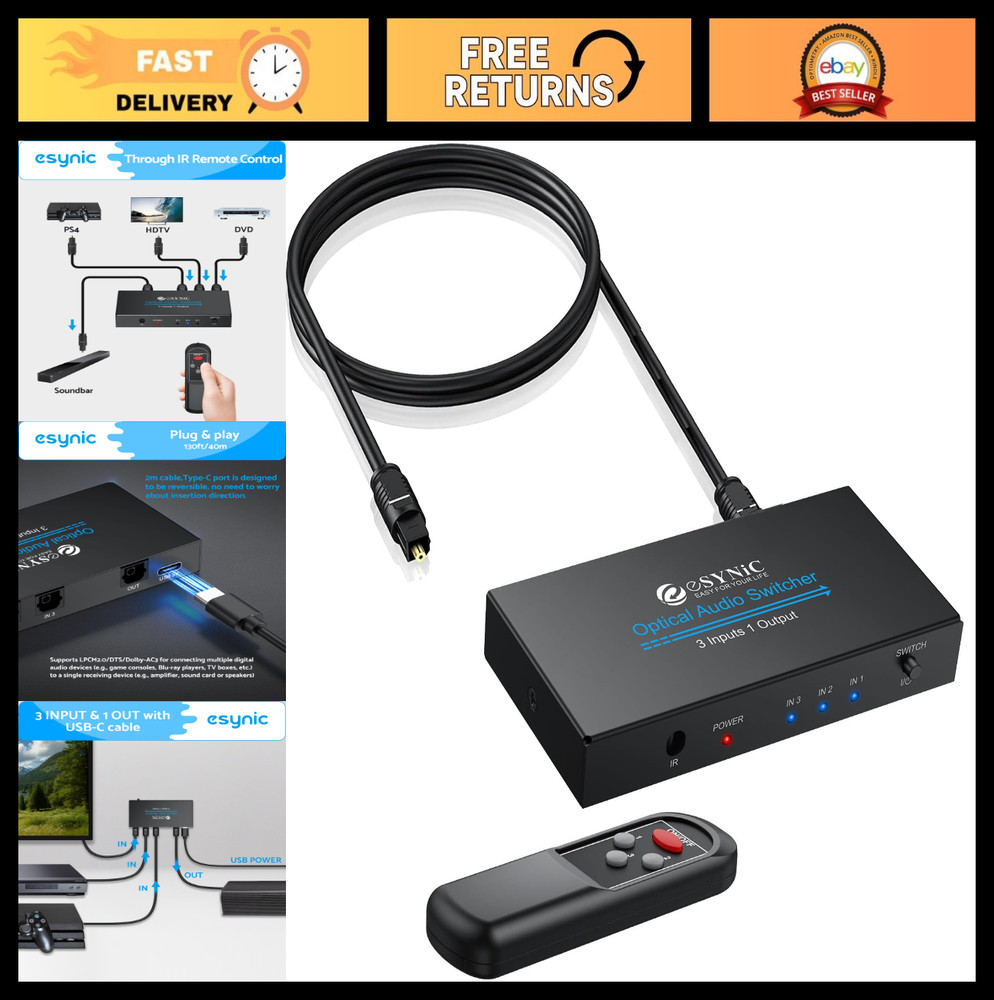 3×1 Optical Audio Switcher SPDIF TOSLINK Aluminum Alloy w/ IR Remote & Cable