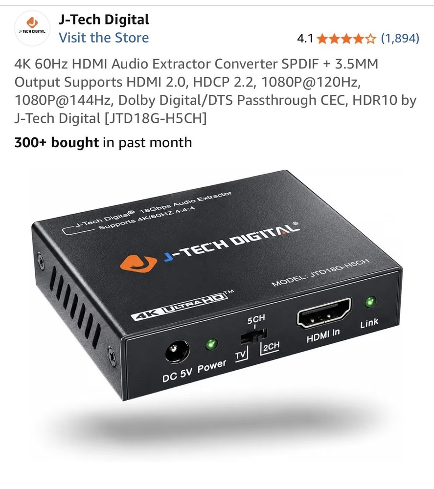 J-Tech Digital- JTECH-18GAE -18G 60HZ Audio Extractor Supports 4k Ultra HD NEW