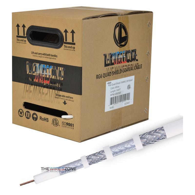 RG6 Quad Shield 18 AWG Satellite TV White 500′ Feet ft Coaxial Coax Cable Wire