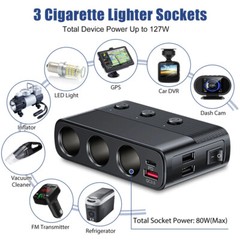 3 Way Car Cigarette Lighter Splitter with USB Fast Charger QC 3.0 & Type-C PD