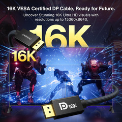 16K Displayport Cable 2.1, [VESA Certified] DP Cord [16K@60Hz,8K@120Hz,4K@240Hz]