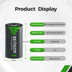BEVIGOR Rechargeable D Batteries, High Capacity 10000mAh NiMH D Cell Batterie…