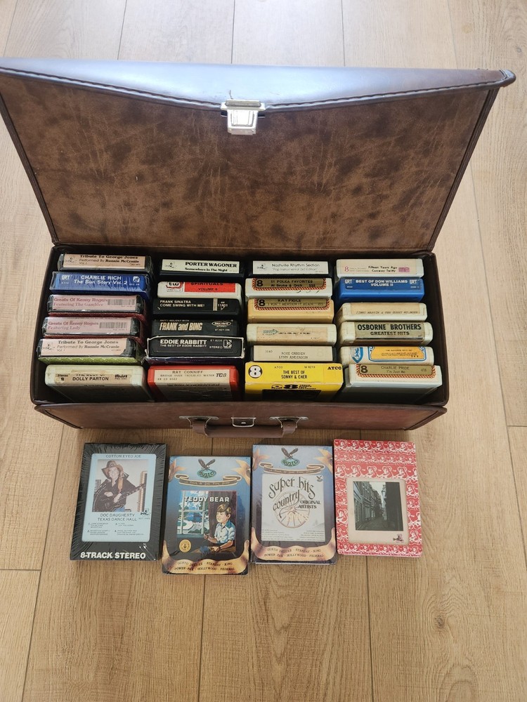 Vintage 8 Track Tape Storage Case + 28 Tapes some sealed ~Lot~