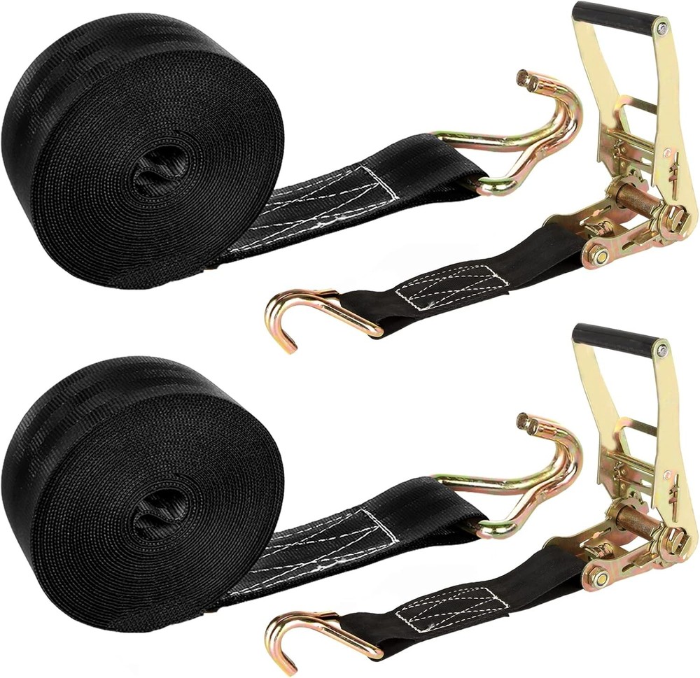 2 Pack 2 Inch Ratchet Straps Heavy Duty 2 inches wide, 20 feet long, Black