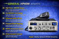 General HP40W 10 Meter Radio 100W AM/FM Loud Dual Echo Blue LED