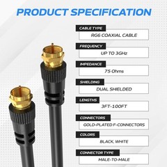 2-Pack RG6 Dual Shield Coax Cable Black 75Ohm TV Antenna Internet 3ft–100ft Lot