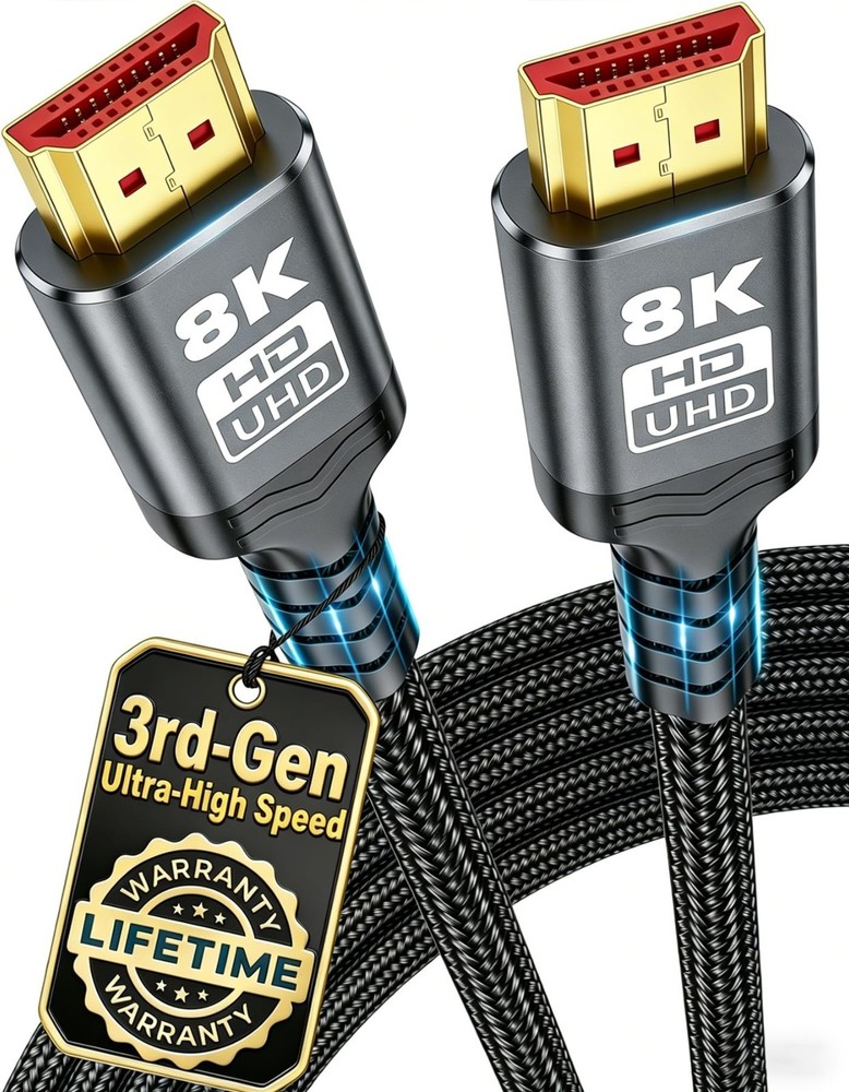 8K HDMI 2.1 Braided Cable 48Gbps 4K@120Hz HDR eARC VRR Gold Plated Gaming HDTV