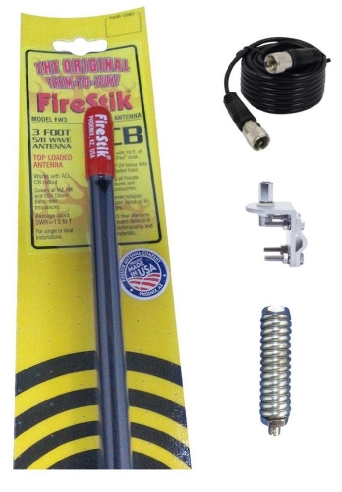 NEW FIRESTIK KW3 B 3FT BLACK CB ANTENNA,18FT COAX, MOUNT & SPRING