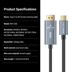 ACASIS USB C to Displayport 1.4 Cabler Type C to DP Adapter for iPad Macbook Pro