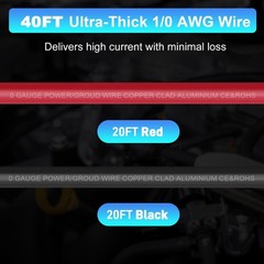 0 Gauge Wire 1/0 AWG Battery Cable (20FT Red+20FT Black) For Car Audio Speaker