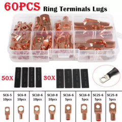 140PCS Copper Lugs Ring Terminals Bare Battery Welding Crimp Wire Connectors Kit
