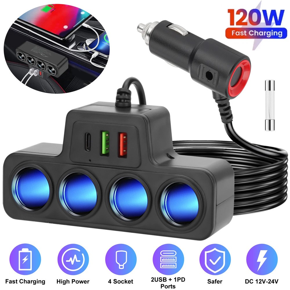 7-in-1 4Way Car Cigarette Lighter Socket Splitter Fast Charger Power Adapter 12V