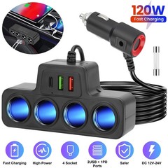 7-in-1 4Way Car Cigarette Lighter Socket Splitter Fast Charger Power Adapter 12V