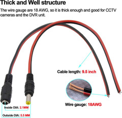 (Real 18AWG) 10 Pairs 12V 5A DC Power Pigtail Barrel Plug Connector Cable, 2.1Mm