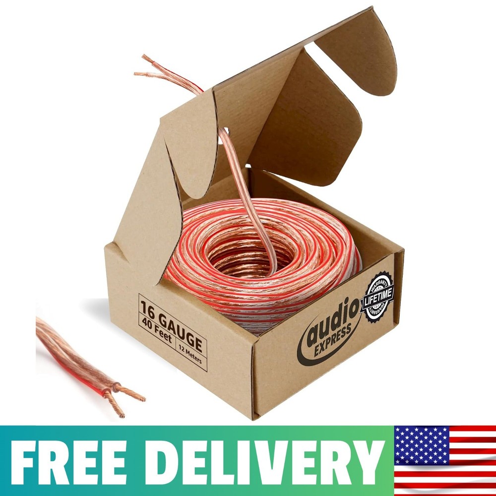 40ft 16-Gauge Stereo Speaker Wire, 12.19m, 2 Conductor, Polarity Marked, Clear