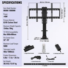 VEVOR Motorized TV Lift Stand Bracket 1000mm for 32”-70″ TV Remote Controller