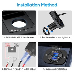12-24V 4 Port Fast Car Charger QC3.0 PD USB C Outlet Socket w/ Voltmeter Boat RV