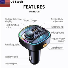Bluetooth FM Transmitter Car Adapter Hands Free Radio USB Charger AUX Audio