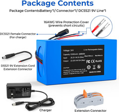 24V 12000Mah Rechargeable Lithium Ion Battery Pack with 29.4V Charger & Bare Lea