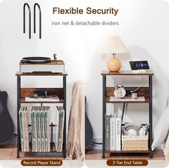 Rustic Brown Turntable Stand with Storage for Over 100 Records & USB Charging