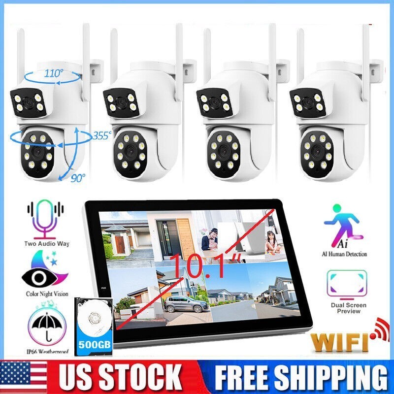 CAMCAMP Wireless Security Camera System with 10.1″ Monitor+4pcs 2K Dual Lens Cam