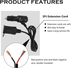 3Ft Car Cigarette Lighter Extension Cord with On Off Switch & Dust 1 Tuo 1 or 2