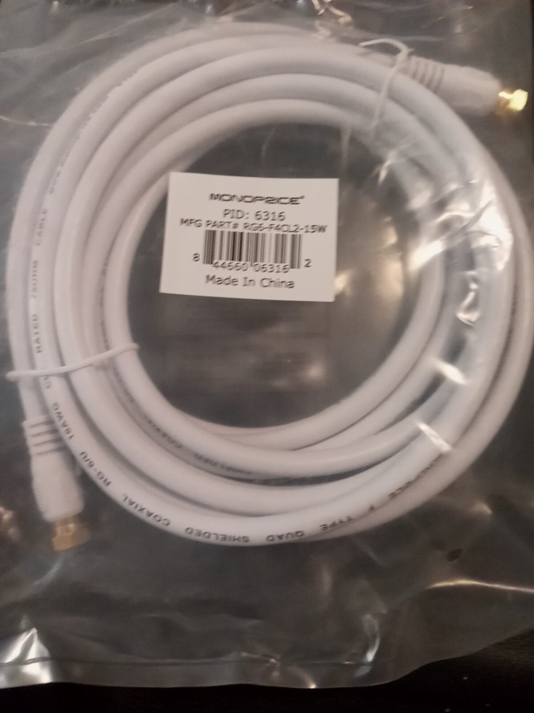 Monoprice 15ft High-quality Coaxial Cable White 750mm FREE SHIPPING