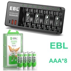 EBL 8PCS AA AAA NiMh Rechargeable Batteries, Charger for AA,AAA,9V