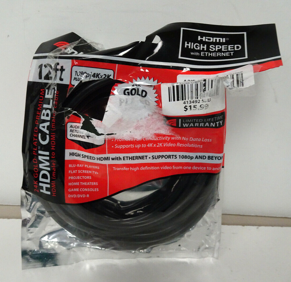 Inland 12ft 4K HDMI Cable High speed HDMI with Ethernet 24K Gold Plated