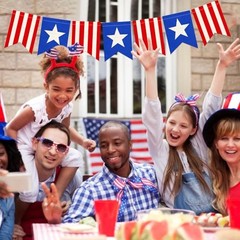 Pre-Strung Patriotic Linen Banner with Red, White & Blue Star Panels, Rustic