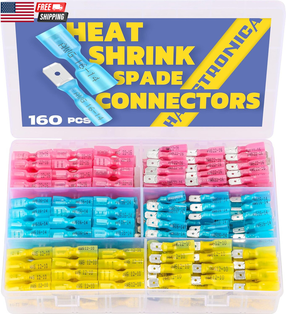 160Pcs Heat Shrink Spade Connectors,Awg 22-10 Female and Male Wire Connectors,Qu