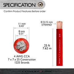Conext Link 25 ft Red 4 Gauge Amplifier Power Ground Wire 25 Feet 4 GA AWG Amp C