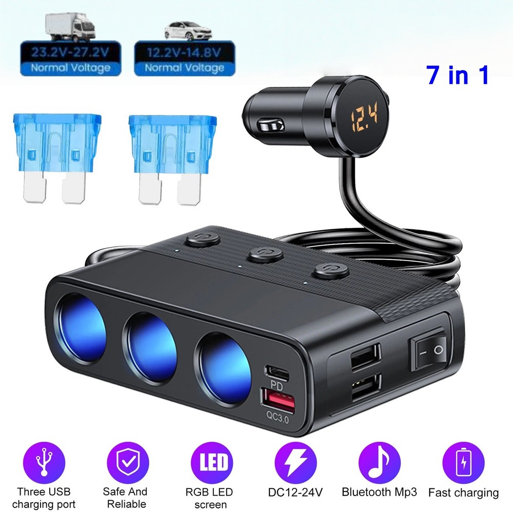 3 Way Car Cigarette Lighter Splitter with USB Fast Charger QC 3.0 & Type-C PD