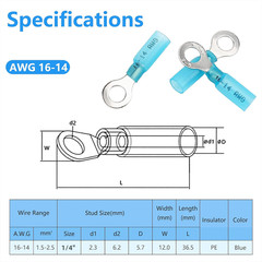 10-100pcs Marine Grade 1/4″ Ring Wire Connectors 16-14 AWG Heat Shrink Terminals