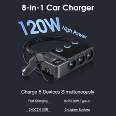 3 Way Car Cigarette Lighter Socket Splitter USB Fast Charger Power Adapter 12V