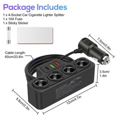 120W Car Charger 4 Socket 3 USB [QC+PD Fast Charging] for Phone Laptop Tire Pump