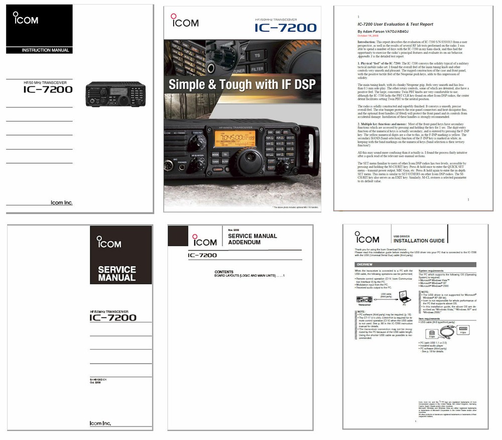 ICOM IC-7200 INSTRUCTION + SERVICE MANUALS + ADDENDUMS + COLOR + BROCHURE