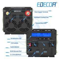 Power Inverter 3000 W 6000 Watt 12V DC to 110V 120V AC LCD Cable Car RV EDECOA