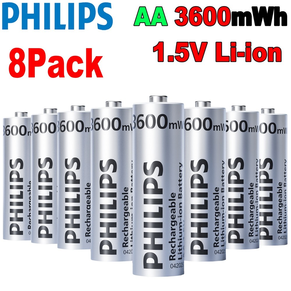 Philips 8Pcs 1.5V AA Li-ion Rechargeable Batteries 3600mWh Lithium High Capacity