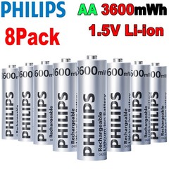 Philips 8Pcs 1.5V AA Li-ion Rechargeable Batteries 3600mWh Lithium High Capacity
